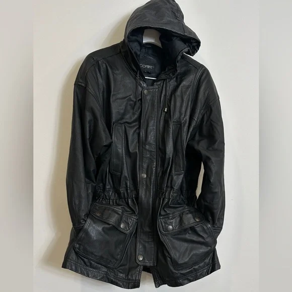 Comint Genuine Leather Utility Style Hooded Parka Jacket Size L